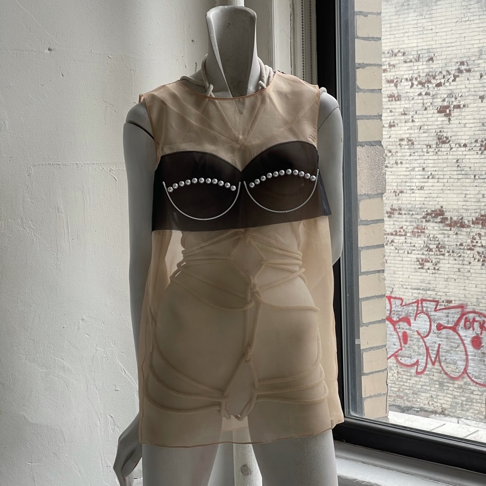 Maison margiela silk organza top with pearls